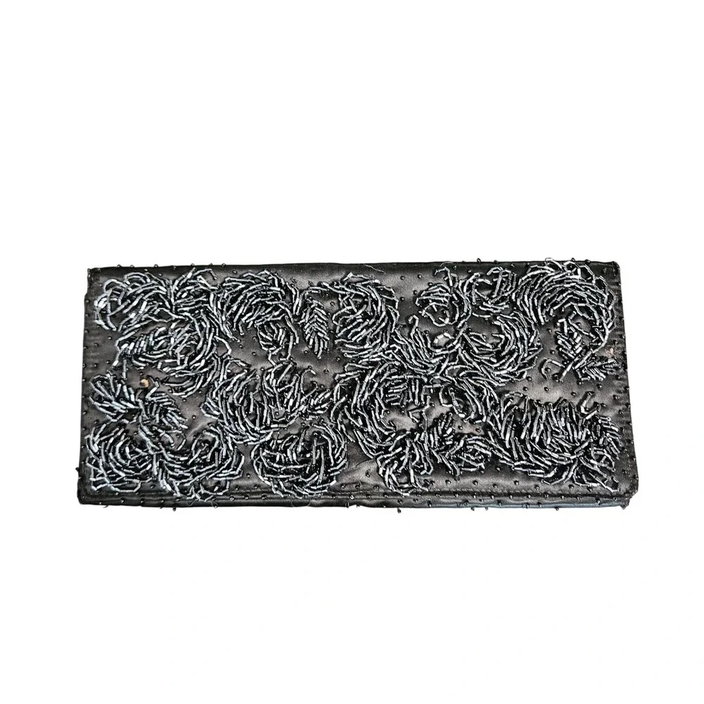 Vintage Bonnie's Black Satin Beaded Floral Clutch Evening Bag Made in Hong Kong
